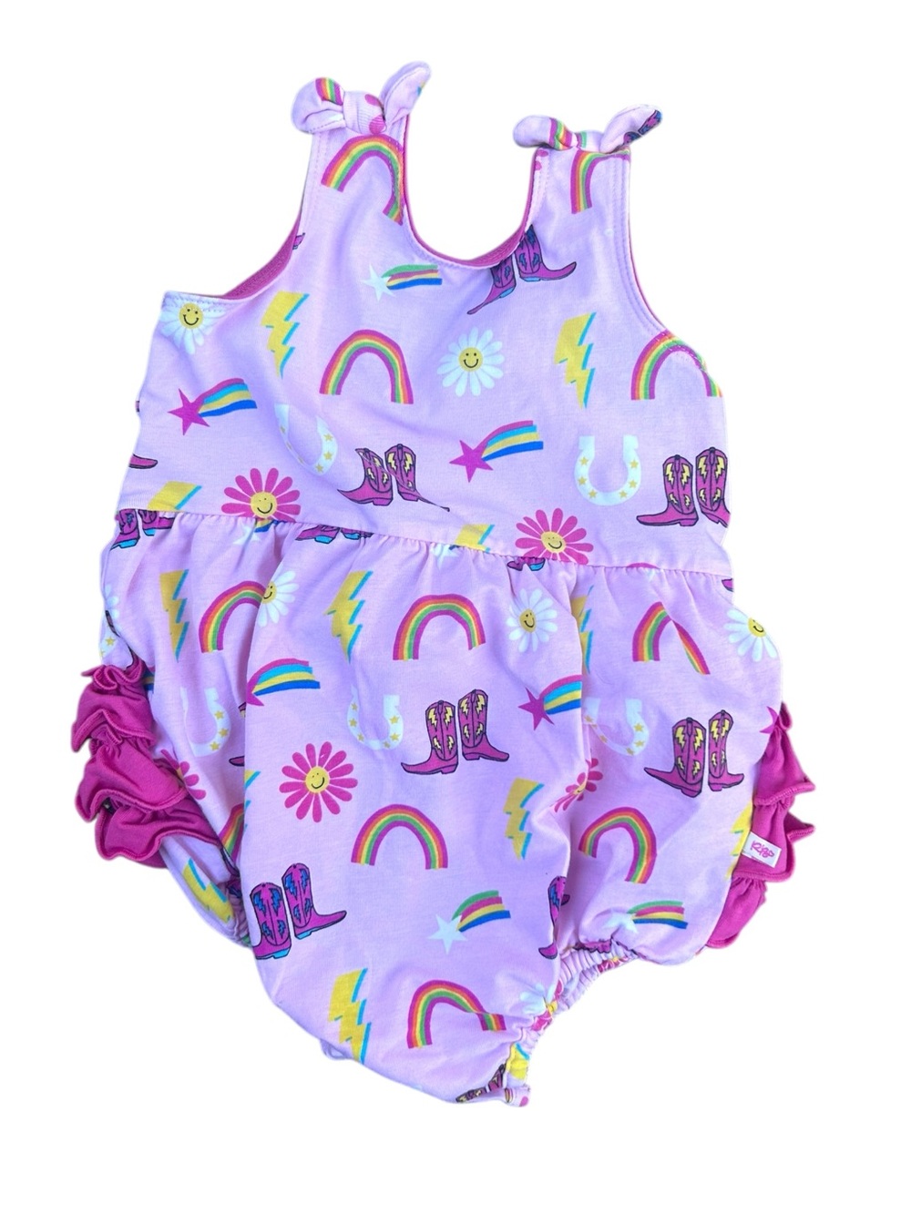 RuffleButts Pink Cowgirl Rainbow Romper Baby Girl 6-12 Months EUC